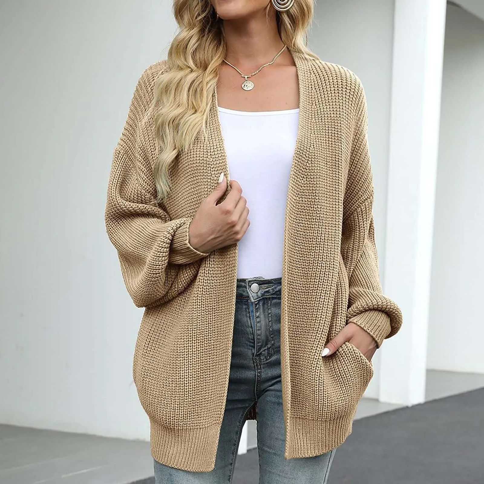 Winter Women Solid Cardigan Sweater Coat Loose Casual Lantern Sleeve Jacket For Women Autumn Knitted Coat