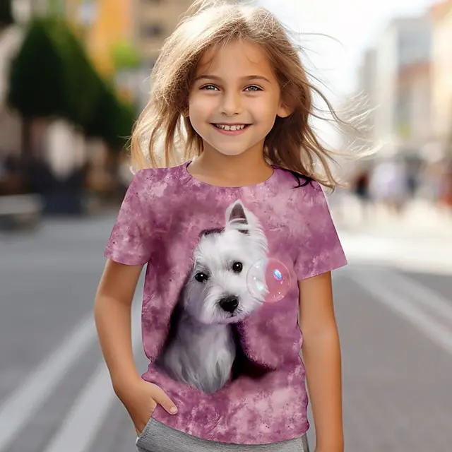 Girls 3D Dog Tee Shirt Pink Short Sleeve Print Summer Active Fashion Cute Polyester Kids Crew Neck Outdoor Casual Daily Regular