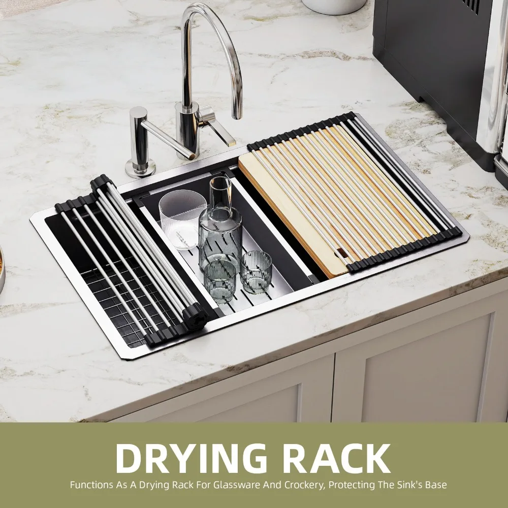 

32-дюймовая кухонная мойка из нержавеющей стали с откидным верхом и одной чашей, дренажный, серебристый