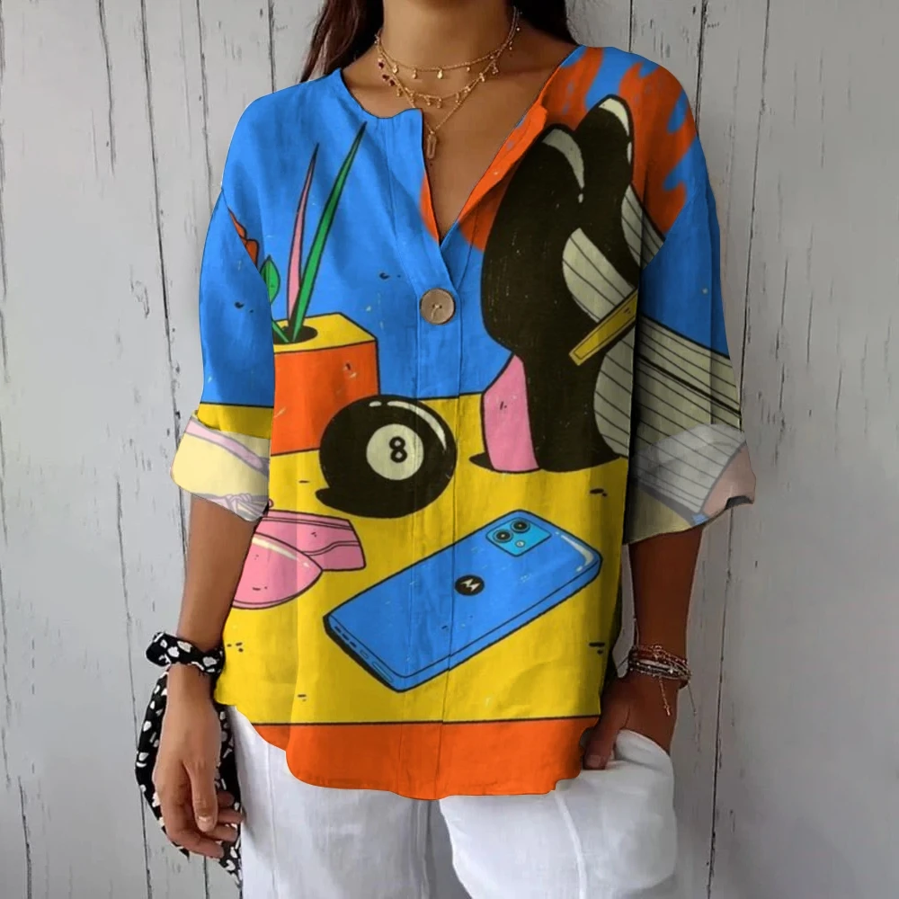 

Vibrant Cartoon-Inspired Elements Women's Casual Cotton Shirt Artfully Designed Modaling Chic Outfit Art Aesthetic Top Women