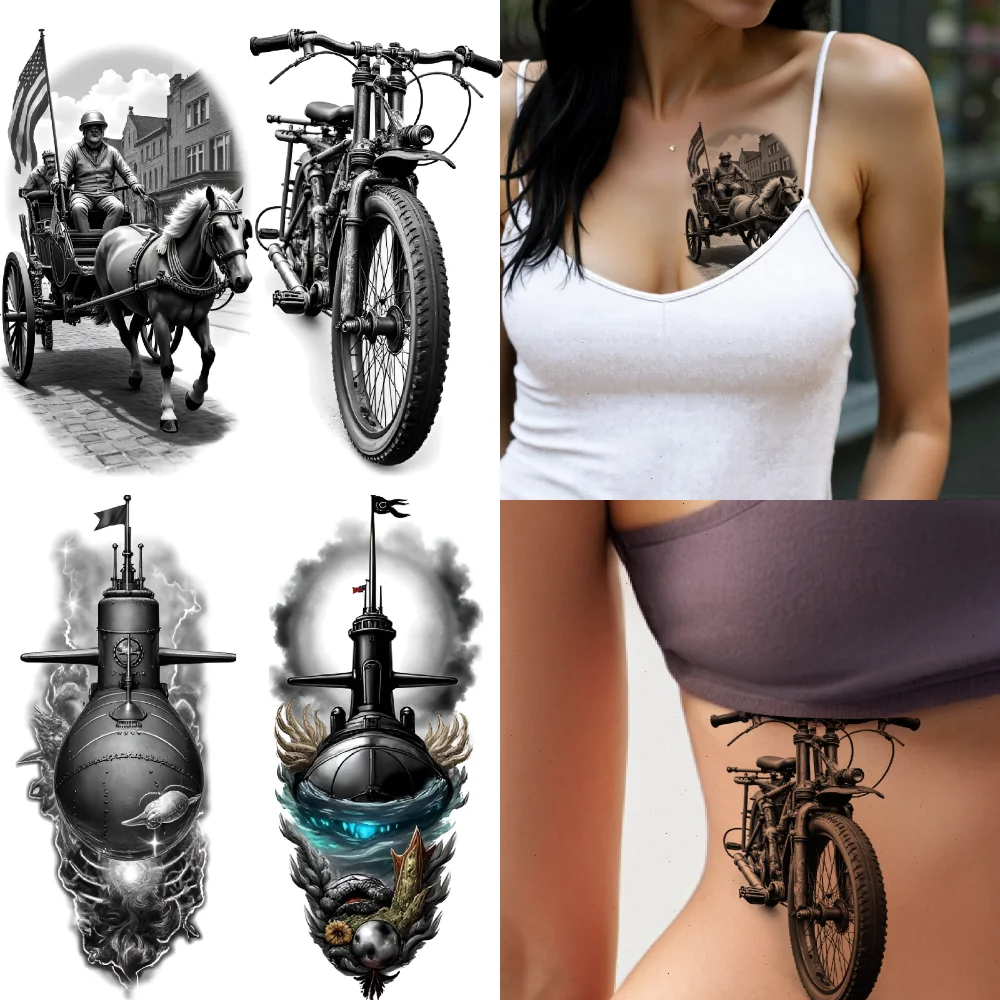 

3pcs Temporary Tattoo Tram Realistic Temporary Tattoos Gondola Black And Grey Realism Spaceship For Arms Thighs Men