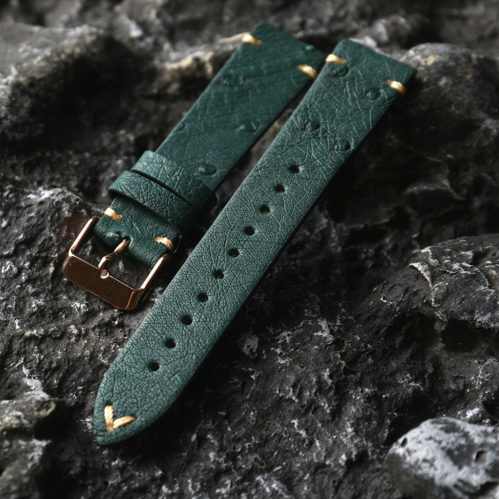 Handmade Ultra-Thin Genuine Leather Strap Ostrich Leather 20MM 18MM 22MM Green Soft Bracelet, Vintage Style