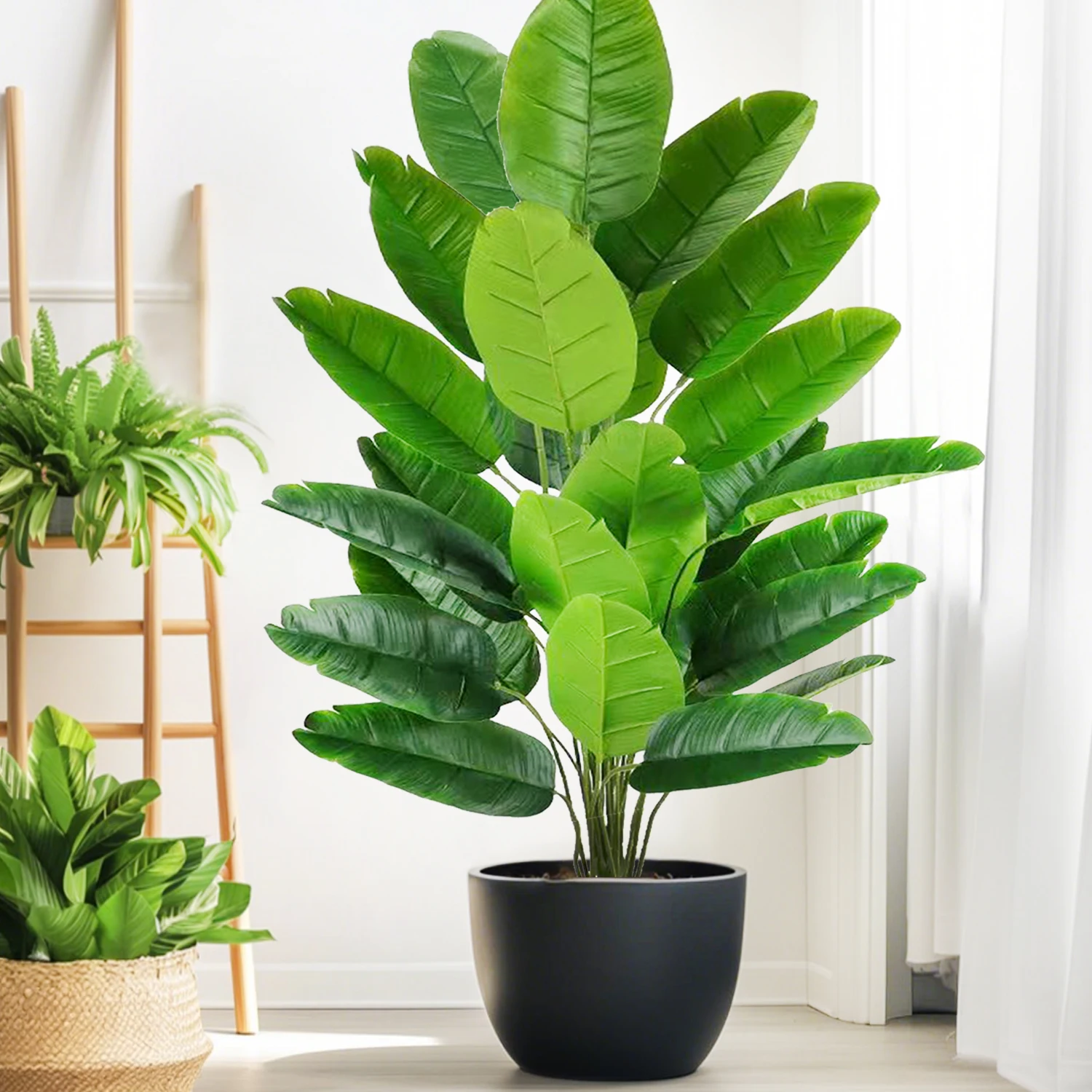 65-142cm Große Tropische Palme Künstliche Bananenpflanze mit Blättern in Echt-Optik Strelitzia Reginae Kunstpflanze für Haus und Garten – Detail 4