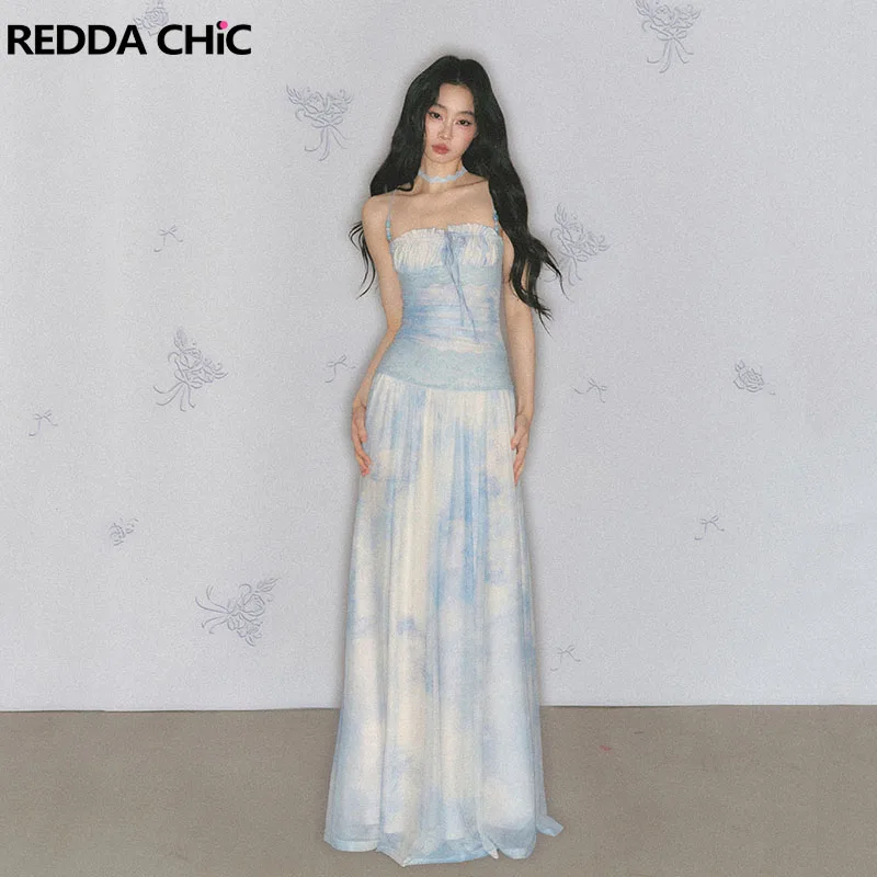 

REDDACHiC Tie Dye Beaded Camisole Dress Sleeveless Ruched Corset Frill Trim Maxi Long Flowy Dress Romantic Elegant Women Clothes
