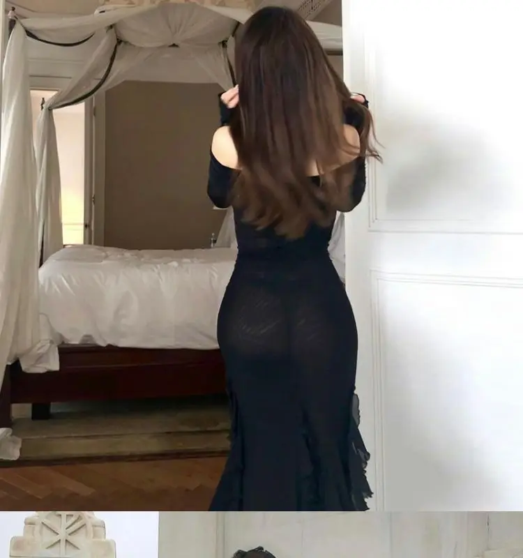 MAGOGO موضة أنيقة الكشكشة الداكنة سبليت فستان طويل القوطية مائل الرقبة كم طويل فساتين ماكسي للنساء 2025 عطلة الشاطئ