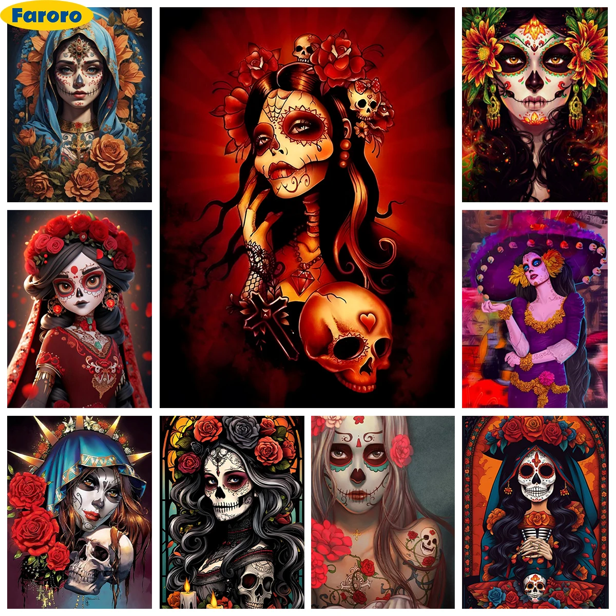 

Girl Skull AB Diamond Art Painting Day of the Dead Makeup Cross Stitch Embroidery Halloween Diamond Mosaic Needlework Hand Gift