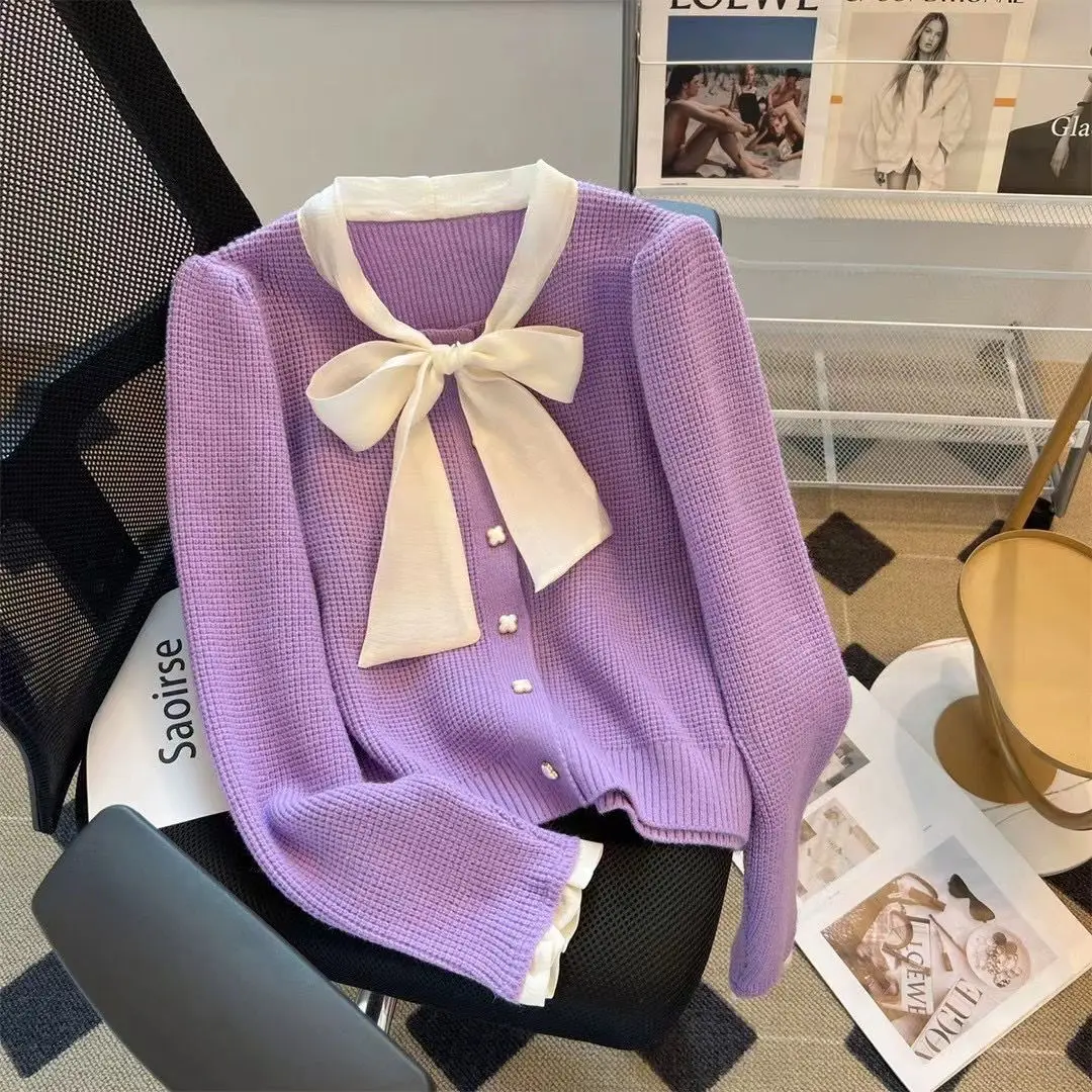 Bow Knit Sweater Cropped Sweaters Pullovers Oversized Sweater Purple Sweater Korean Fashion Tops Y2k Streetwear Womens Clothing