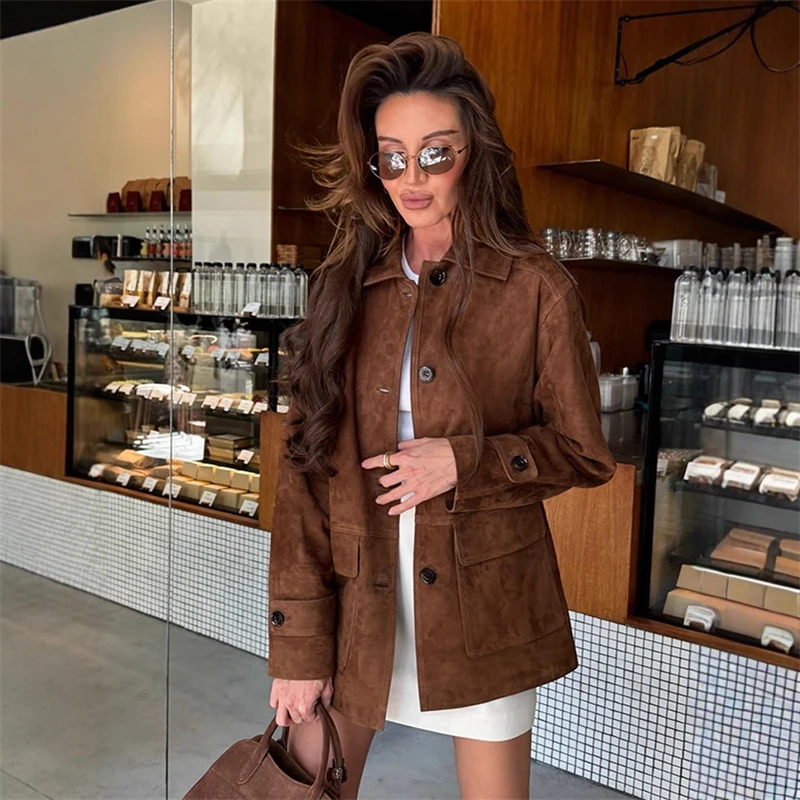 

Женские темно-коричневые замшевые пальто с карманом на шее, однобортные карманы с длинными рукавами, женская новинка 202, модная осенняя уличная верхняя одежда Highstreet