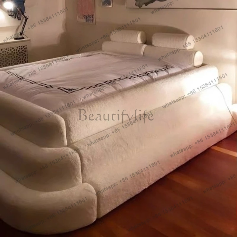 Nordic cream flannel full size bed frame bedroom beds Double bed 2 people bedroom furniture queen beds frames