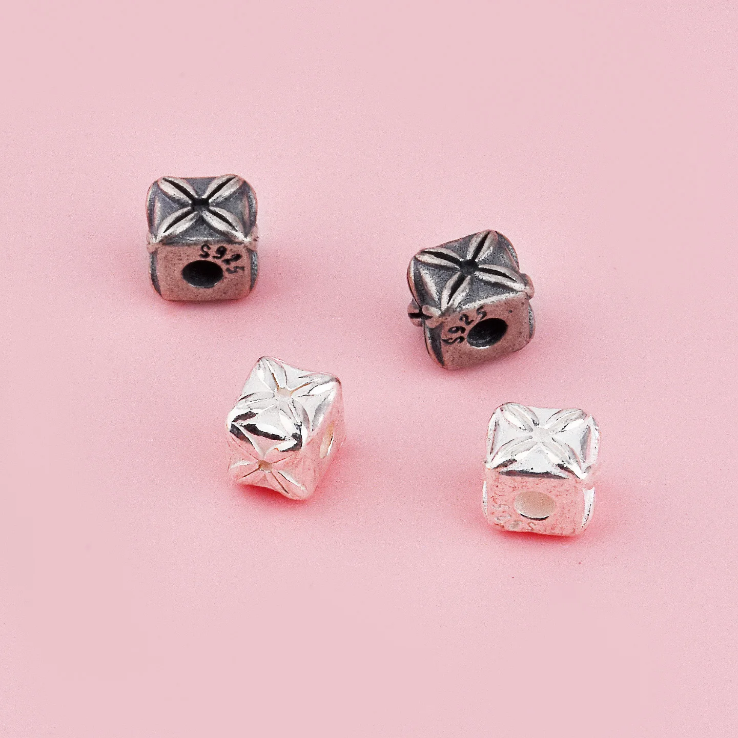 S925 sterling silver diagonal cross x square bead DIY braided rope bracelet accessories