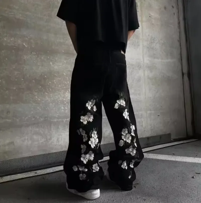 

new Y2K Harajuku Straight Wide-leg PantsWomen American HighStreet Fashion Clothing Cherry Blossom Pattern FashionJeans AmericanR