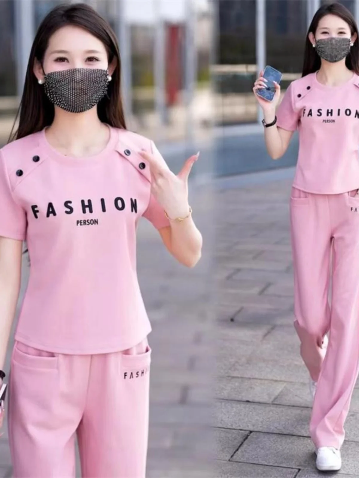 Casual Sportswear Set Women's Summer Slimming Fashion Short Sleeve Wide Leg Pants Two Piece Set Age Reducing Trendy Brand