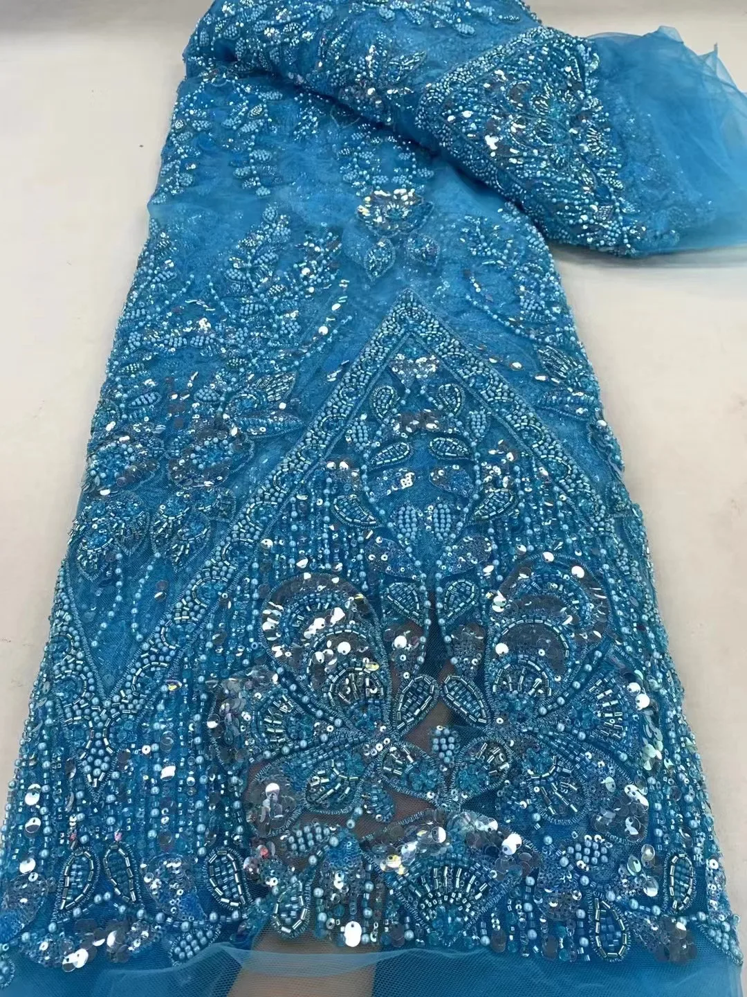 

Blue African Beads Lace Fabrics 2024 High Quality Lace 5 Yards Sequins Nigerian Lace French Tulle Lace Fabric For Dress Party