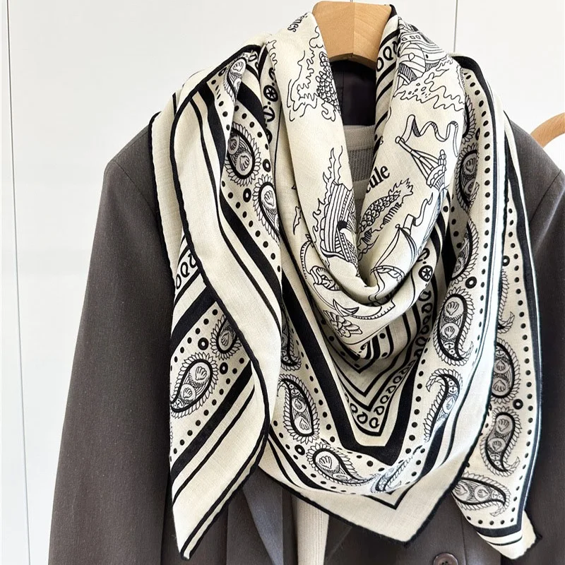 Luxury Wool Scarves Wraps Womens Large Square Wool Blanket Scarf Shawl Echarpe for Autumn Winter 132x132CM