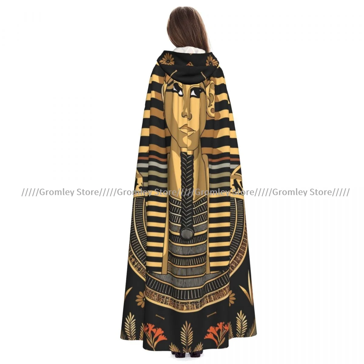 

Witch Long Hooded Robe Egyptian Pharaoh With Golden Crown Illustration Halloween Cloak Cosplay Costumes for Adult
