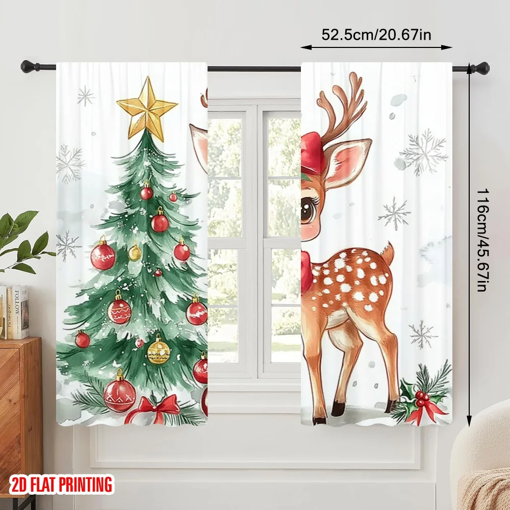 2pcs,2D plane printing Curtains Digital Printed Deer Christmas Tree Snowflakes Versatile Polyester (without rod) Decorations For