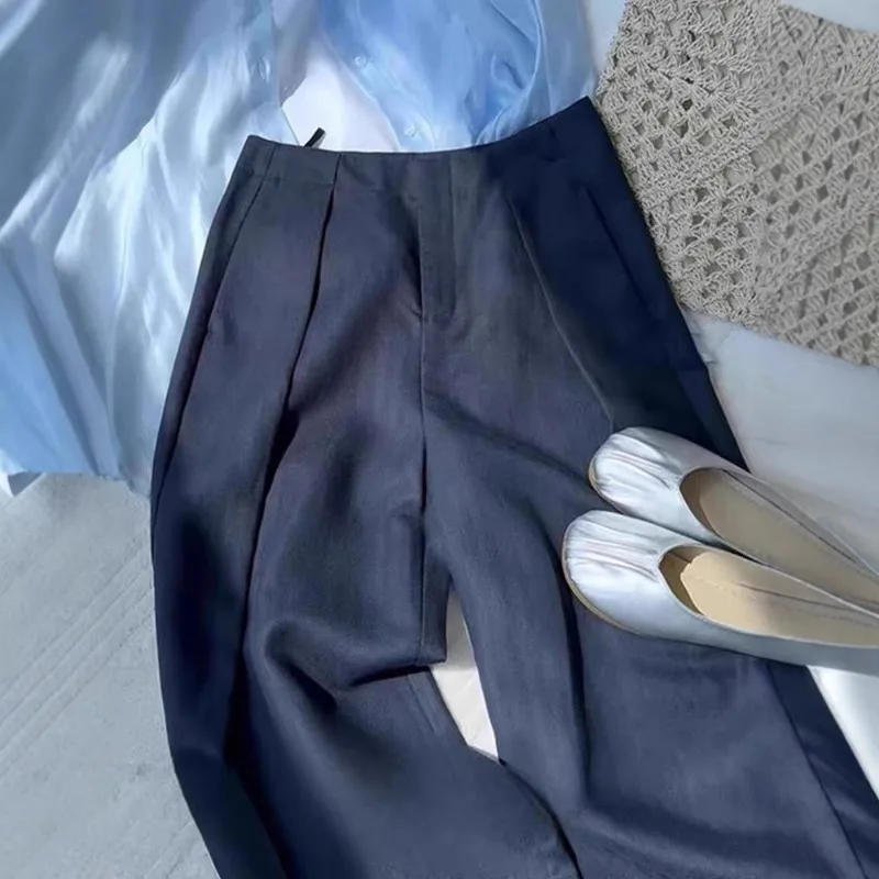 High Waist Pleated Solid Casual Pants Loose Wide Leg Long Trousers Fashionable Loose Fit Regular Thickness Spring Summer