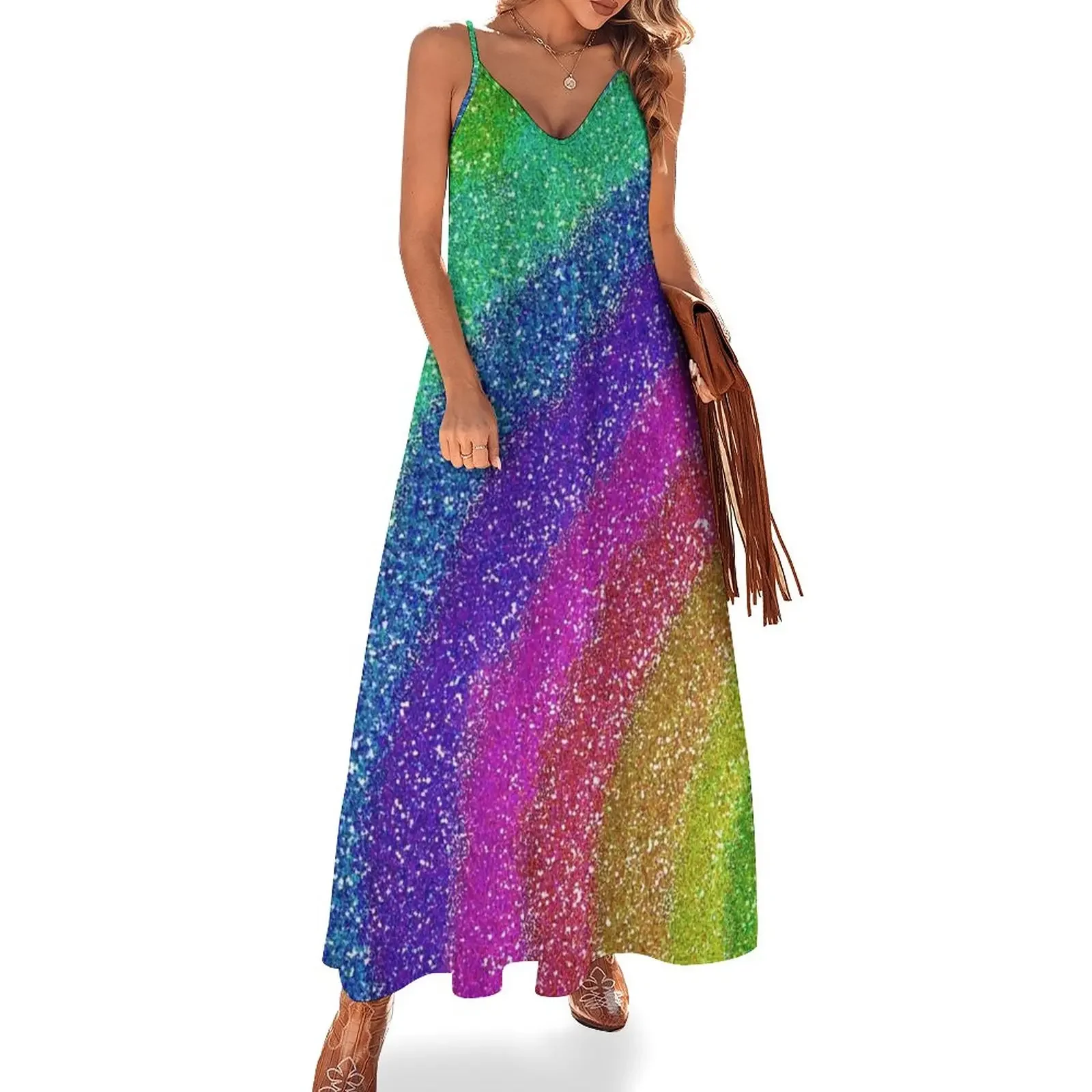 

Rainbow Glitter Sleeveless Dress womens clothing luxury dresses Female dress party dresses woman