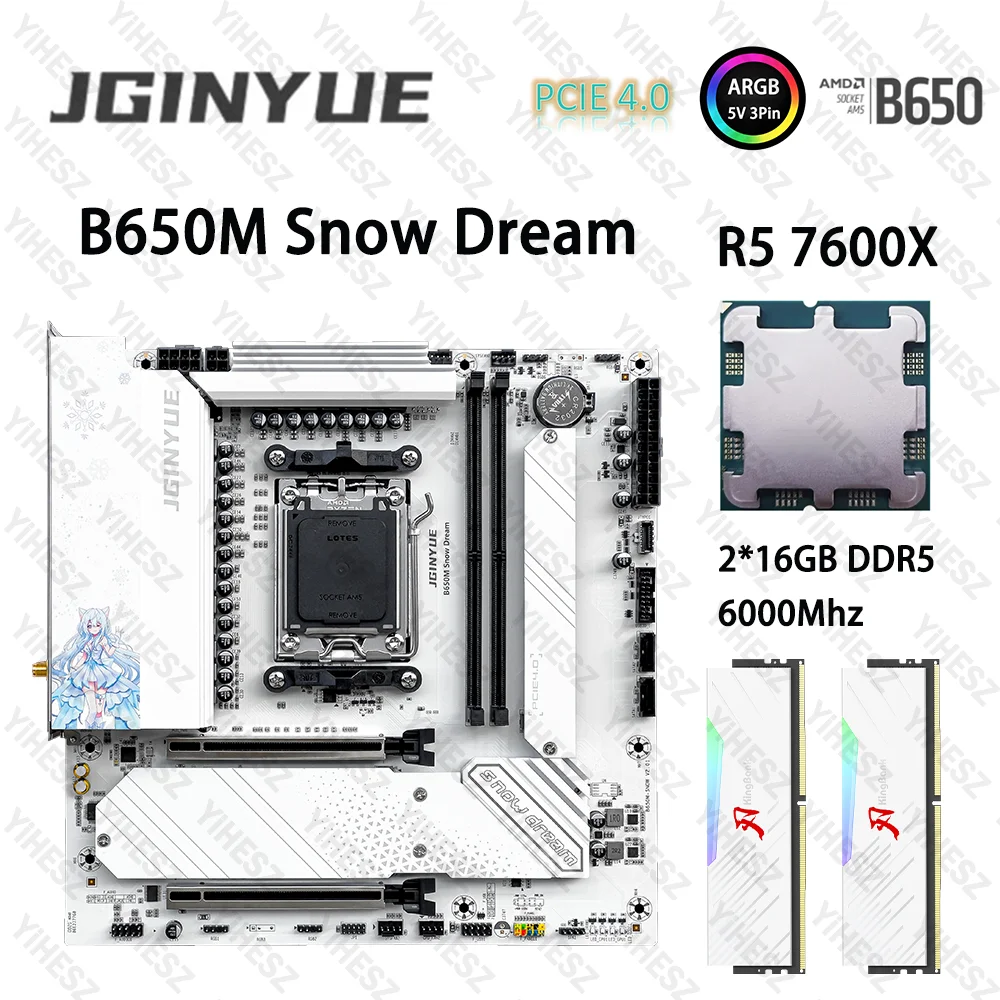 

Комплект материнской платы JGINYUE B650M AM5 с R5 7600X 2*16 ГБ = 32 ГБ DDR5 6000 МГц ARGB PCIe 4,0 × 4 M.2 B650M Snow Dream M-ATX, материнская плата