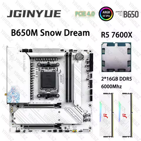 JGINYUE B650M AM5 Motherboard Set With R5 7600X 2*16GB=32GB DDR5 6000Mhz ARGB PCIe 4.0&times;4 M.2 B650M Snow Dream M-ATX Motherboard