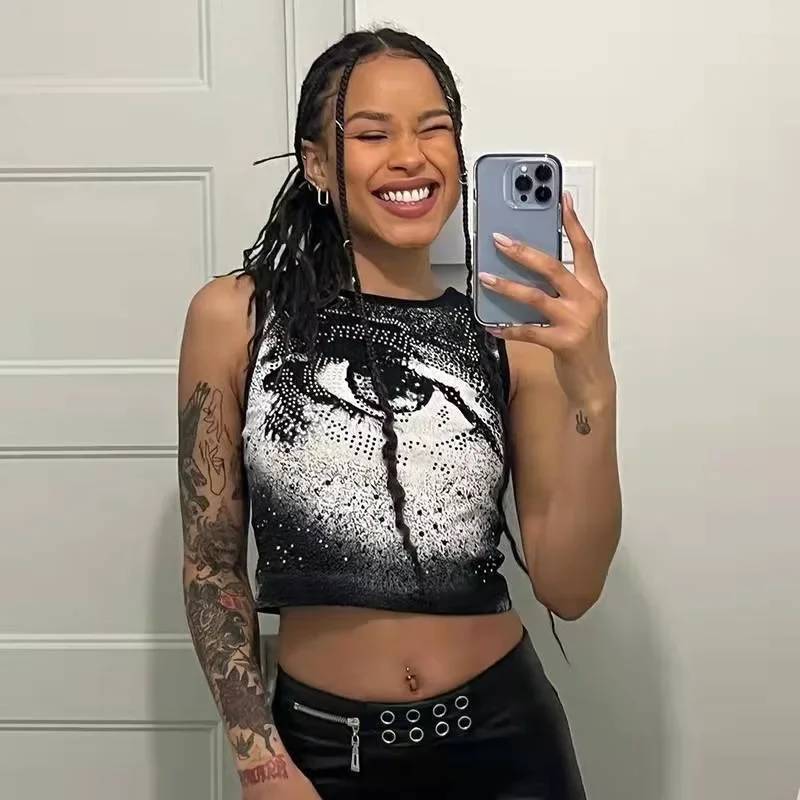 Women Summer Sexy Print Hot Diamond Sleeveless 2024 Harajuku Y2K Hand Painted Eye Print Round Neck Short Casual Tank Top MYQH15