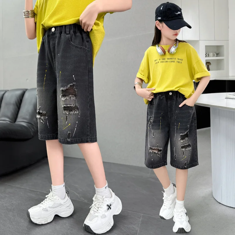 

Новое поступление лета, детские рваные джинсовые шорты для девочек с рисунками, детские модные джинсы-капри до середины икры для подростков, возраст 5–14 лет