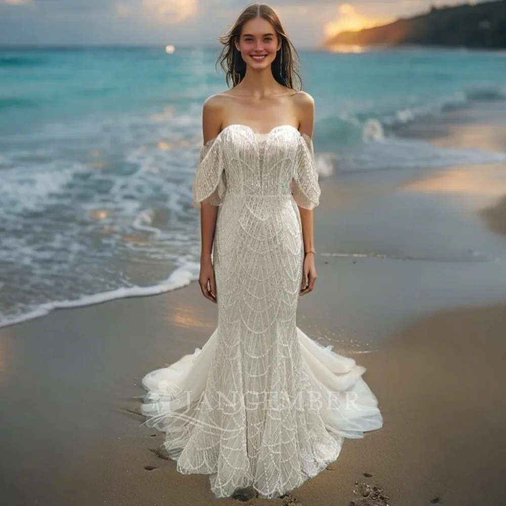 Lace Wedding Dresses for Bride Scoop Neck Mermaid Bridal Gowns Applique Boho Beach Wedding Gowns with Court Train Customized