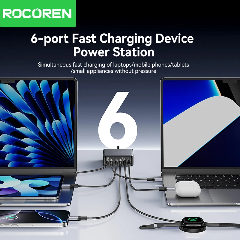 Rocoren 200W USB Type C Charger Fast Charging Desktop Charger Portable 6 Ports Power Station For iPhone 16 15 Pro Max Xiaomi 14