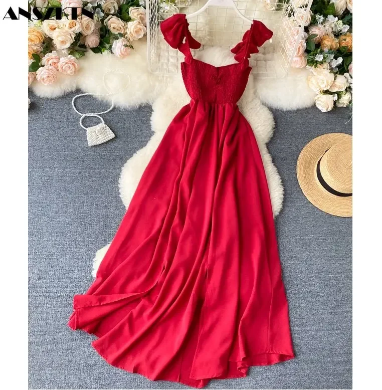 ANSZKTN High Waist Slash Neck Women Long Dress Elegant Big Swing A-line Vestidos Verano Vintage Party Dress For Female