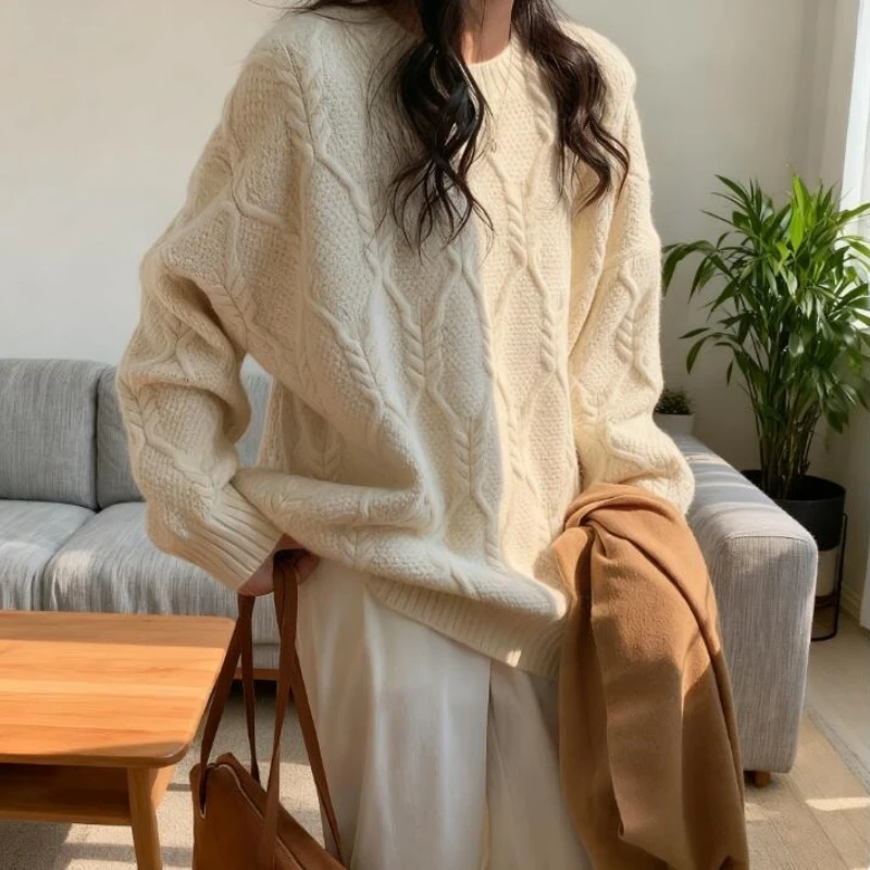 

Pullovers Women Sweaters Round Neck Full Sleeve Jumpers Y2k Streetwear Elegant Splice Knit Casual Loose Work Autumn Winter 2025