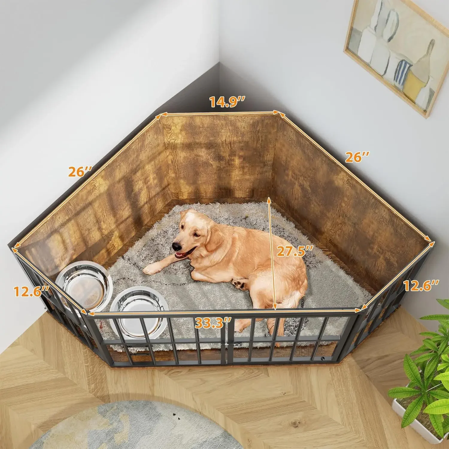 9 Plus Custom Modern Style Dog Crate Corner Kennel Corner Wooden End Table with Bowl Indoor Pet Crates Corner Side Table