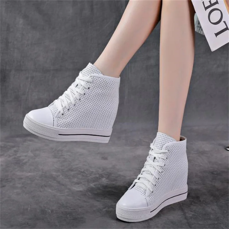 8cm New summertime Lace-up High-top Genuine Leather ventilate Shoes Women Sneaker Shoes Increase Within Wedges Casual Shoes 39