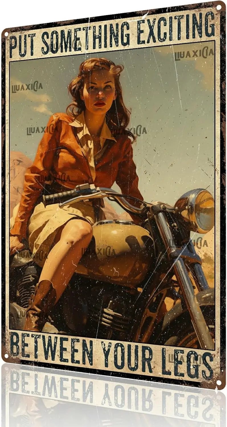 Retro Art Tin Sign Motorcycle Pinup Girl Put Something Exciting Metal Tin Signs Reproduction Vintage Wall Decor Retro Art Tin Si