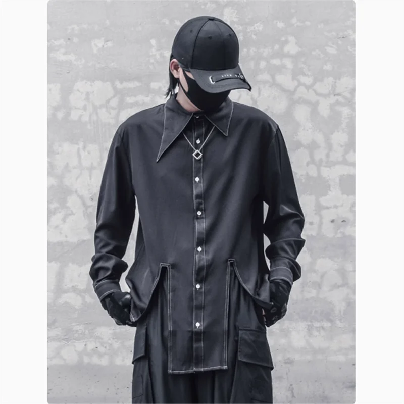 2024 New irregular design tip collar hippie handsome black slim shirt high quality dark plus-size shirt