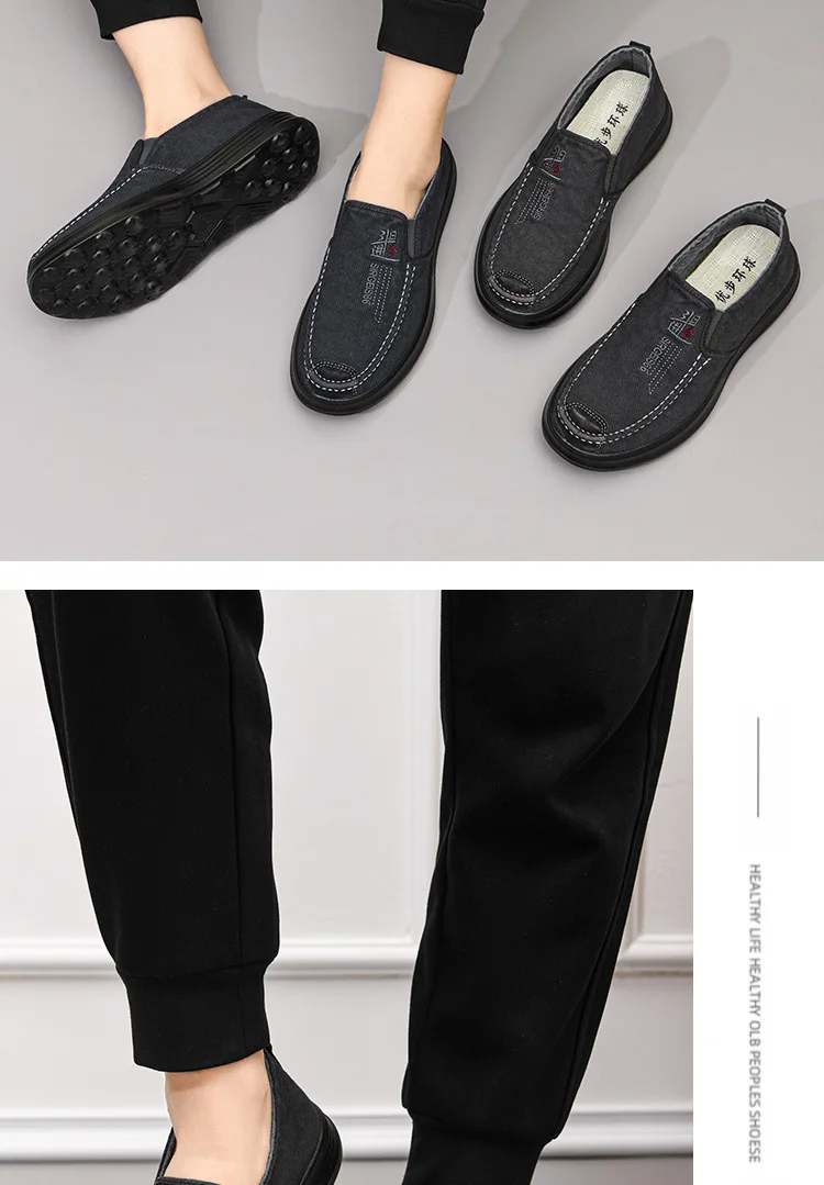 Herren-Slipper aus Canvas, lässige Schuhe, atmungsaktiv, rutschfest, mit dicker Sohle, ideal für ältere Herren, bequem zum Gehen, Canvas-Schuhe. – Detail 12