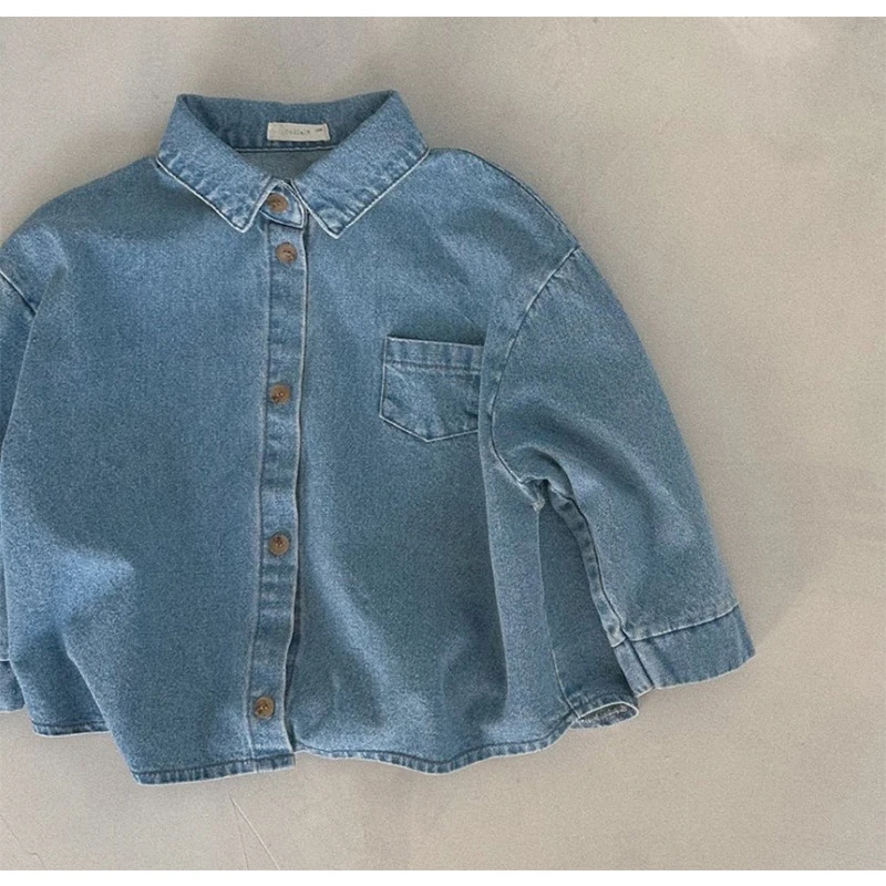 

Корейский японский стиль, весна-осень, повседневная свободная рубашка для маленьких девочек и мальчиков, 2025 г., детский кардиган, пальто, хлопковая однотонная рубашка с длинными рукавами