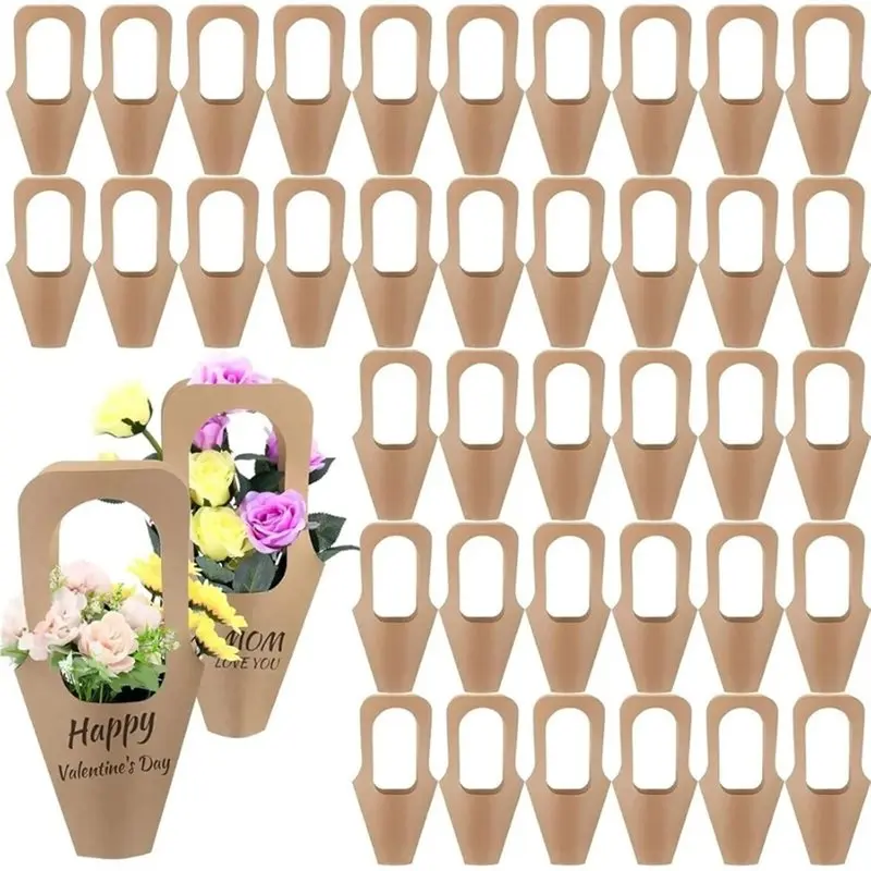 

ABKY-Flower Bags, 1Set/100Pcs, Bouquet Flower Bags, Flower Gift Bags In Kraft Paper With Handles- Ideal For Flower Shops& Bars