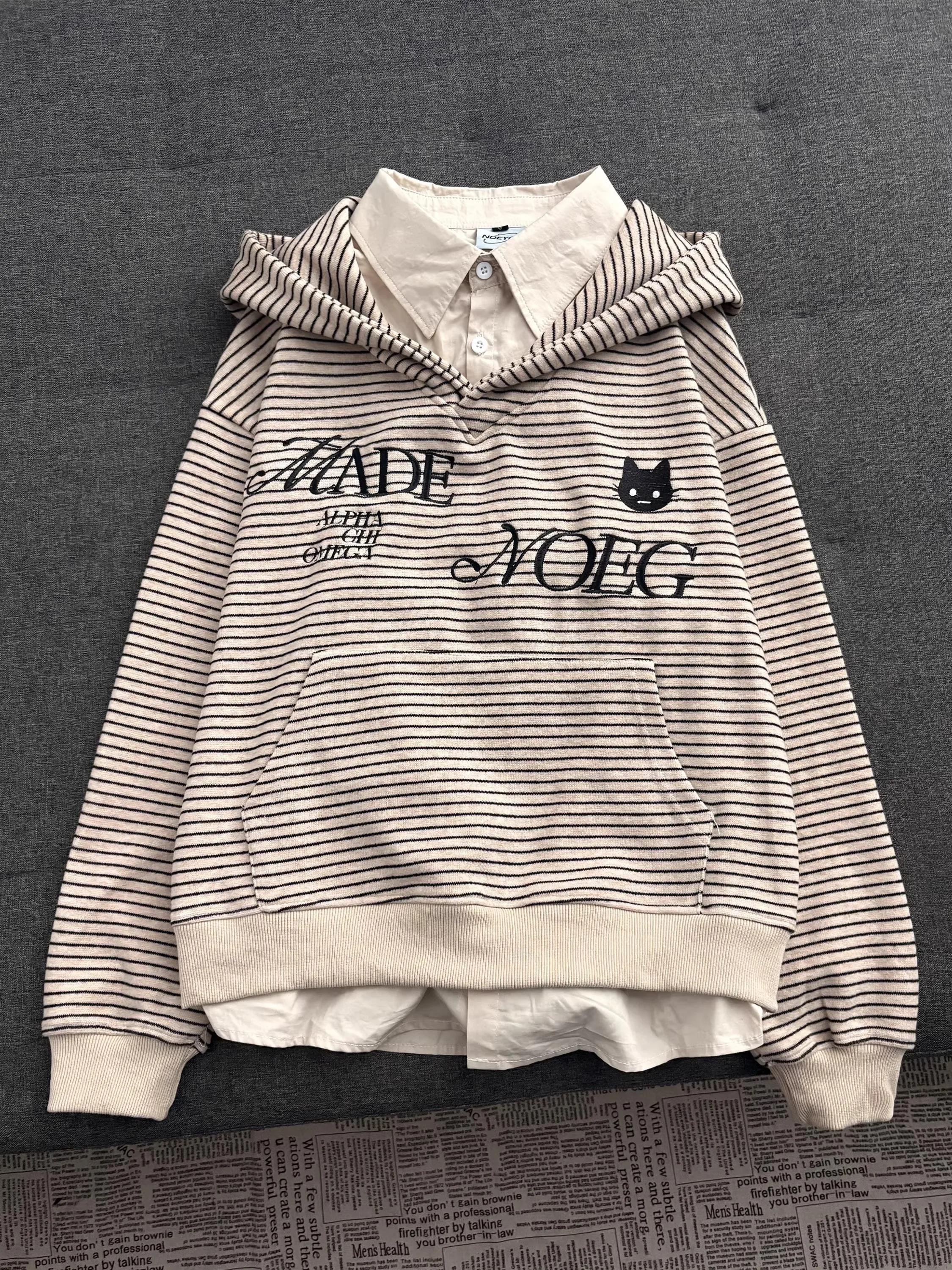 

Американский стиль: Новая женская толстовка с имитацией двухслойности, в полоску, свободного кроя, для весны, осени и зимы, в университетском стиле