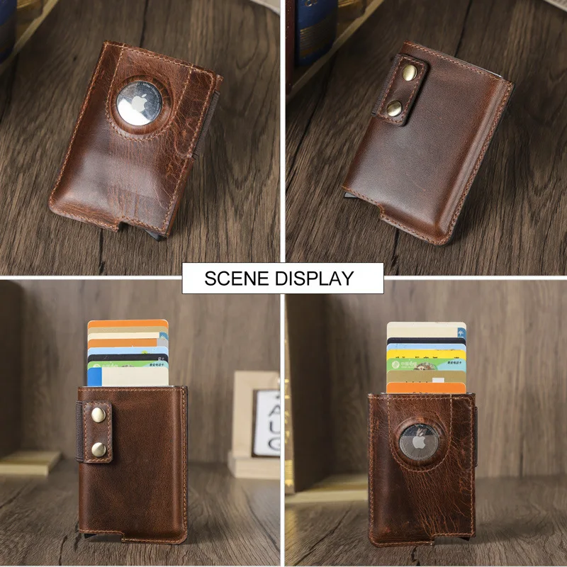New Fashion Pure Cowhide  Anti Magnetic Automatic Box Trendy Mini Airtag Genuine Leather Wallet Female Bank Card Bag Coin Purses