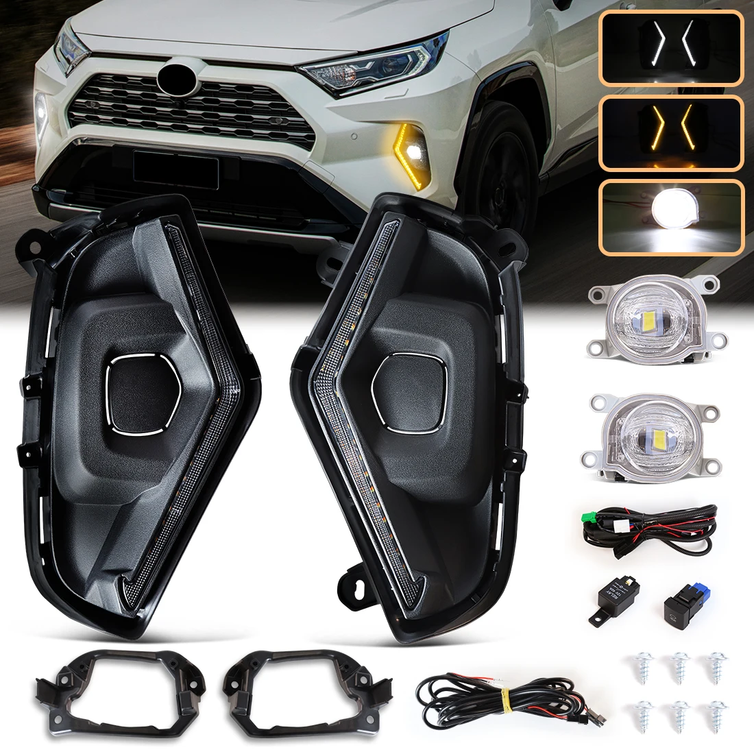 

For Toyota RAV4 2019-2025 LED Fog Lamp Kit DRL White Daytime Running Lights with Amber Turn Signal Animation Start up Fog Lights