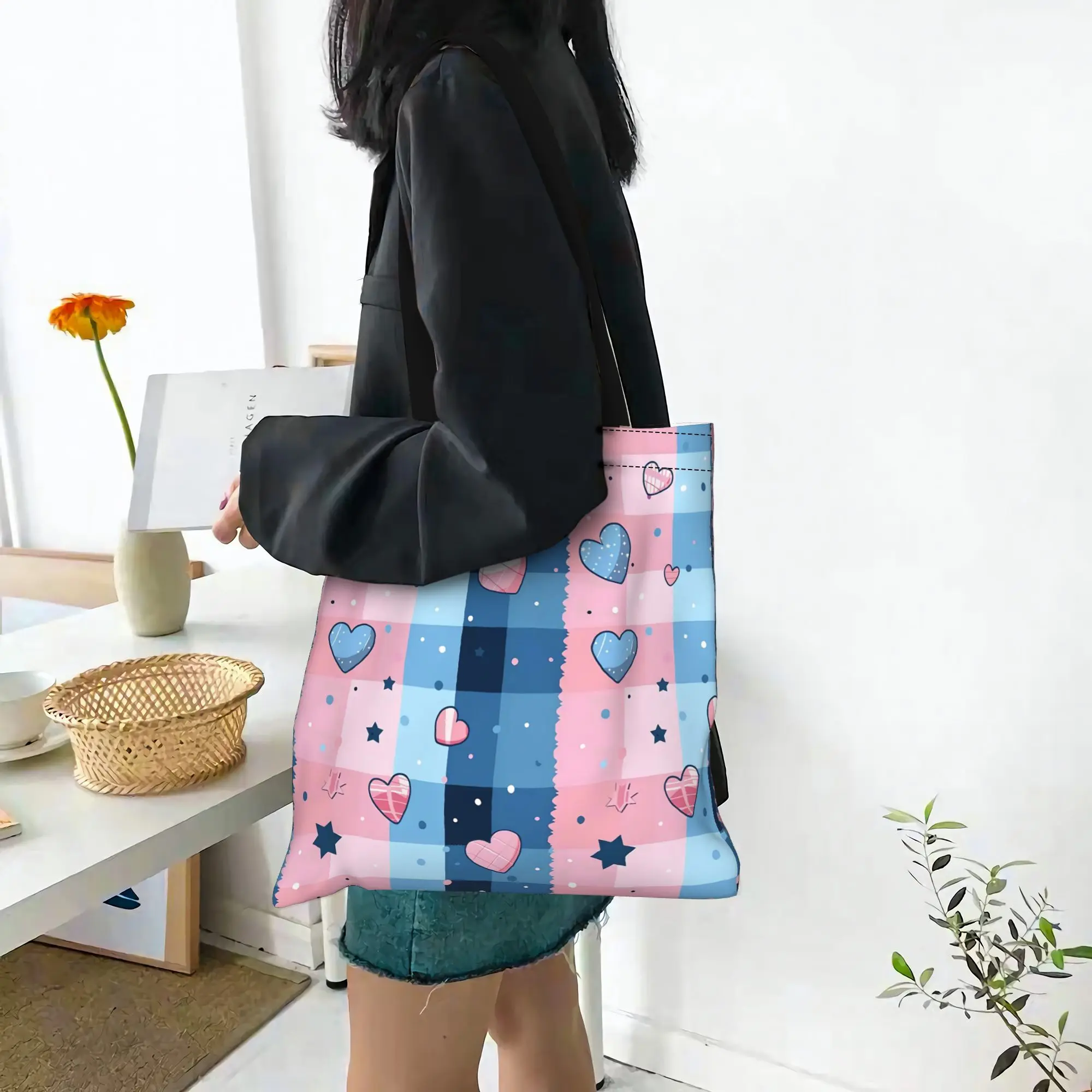 

2026 Shopping Bags first day of school Heart Pattern Canvas Canvas Tote Bag Women'S Shoulder Handbag