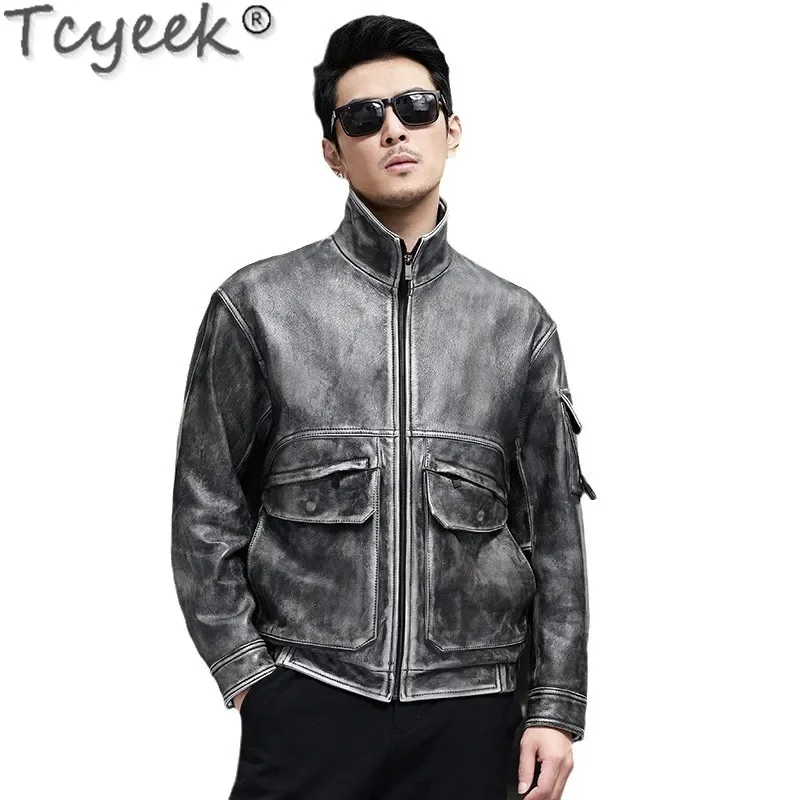 Tcyeek chaqueta de cuero auténtico para hombre, chaquetas de moto de piel de vaca de capa superior, abrigos para hombre de nuevo estilo, ropa de primavera y otoño, Casaco Masculino