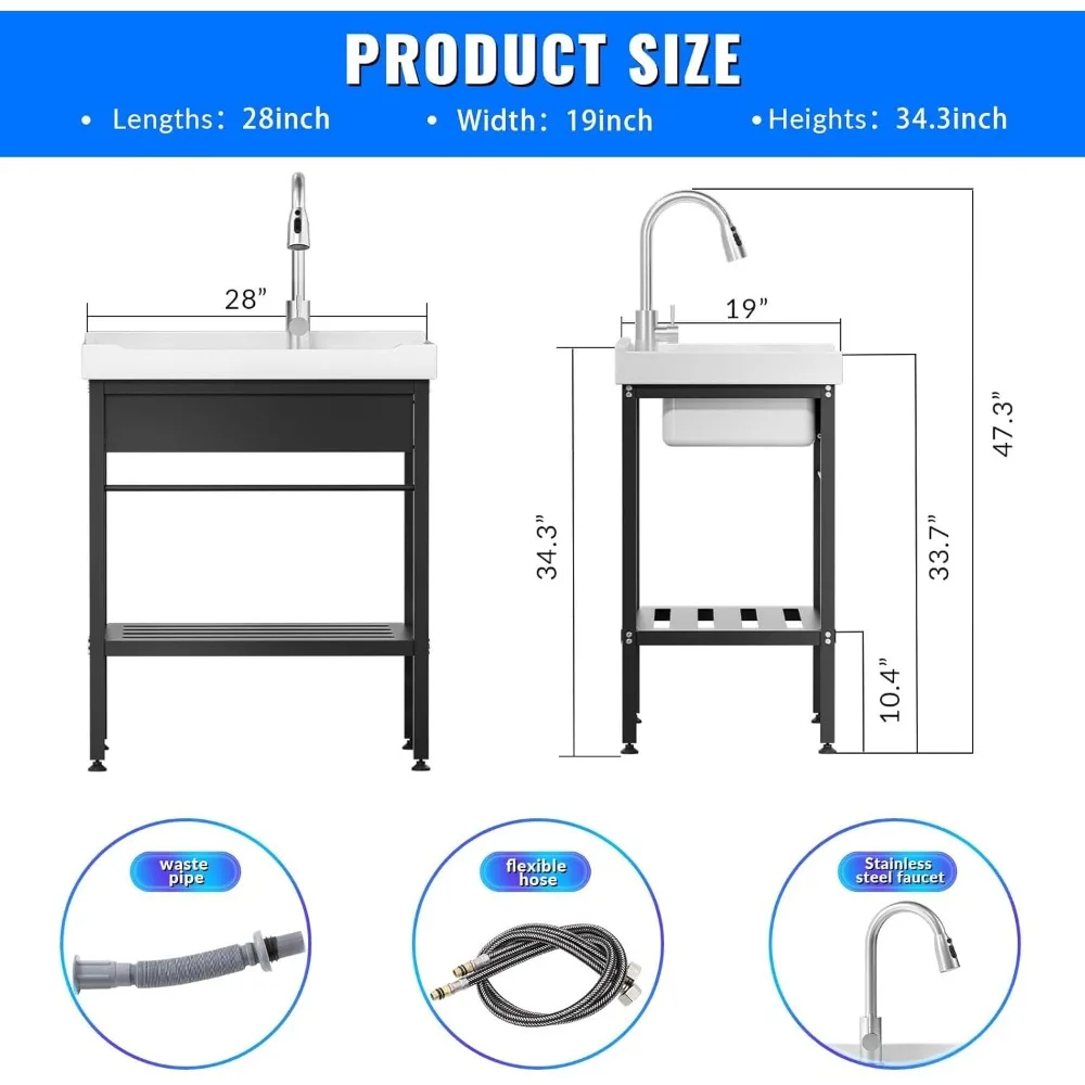 حوض سيراميك مقاس 28 × 19 × 34.3 مع مجموعة لوح غسيل، قائم بذاته، صنبور مياه بارد وساخن، يتضمن خراطيم، حوض غرفة الغسيل S #2