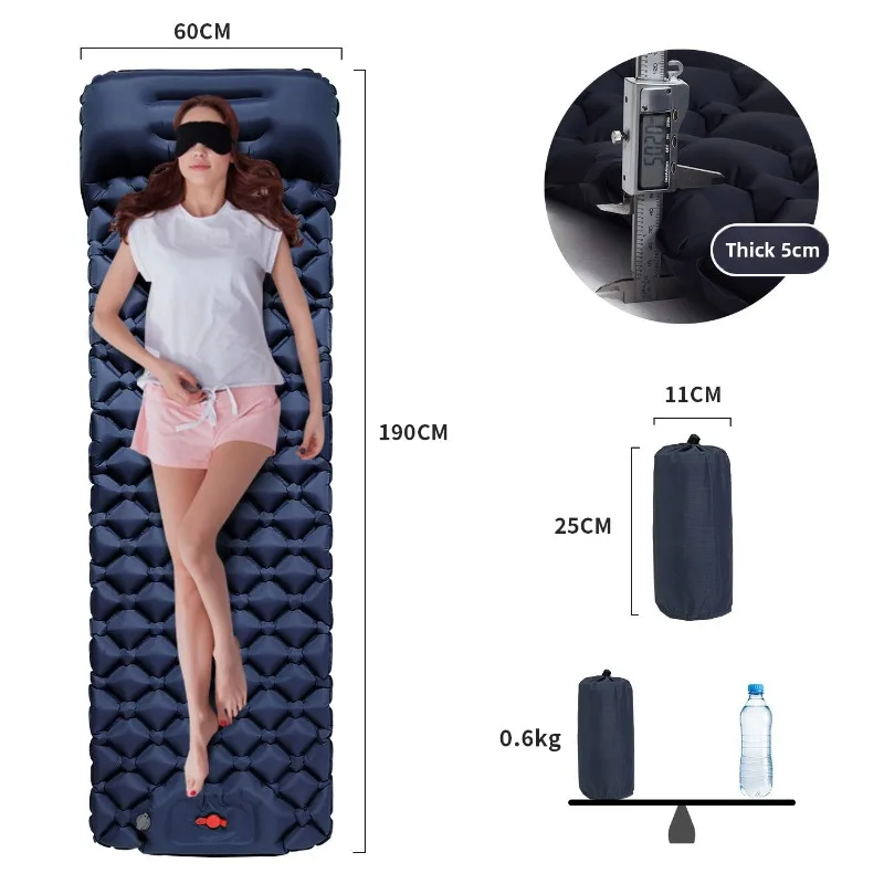 Foot Press Inflatable Camping Mat, Rhombus TPU Air Mattress with Pillow
