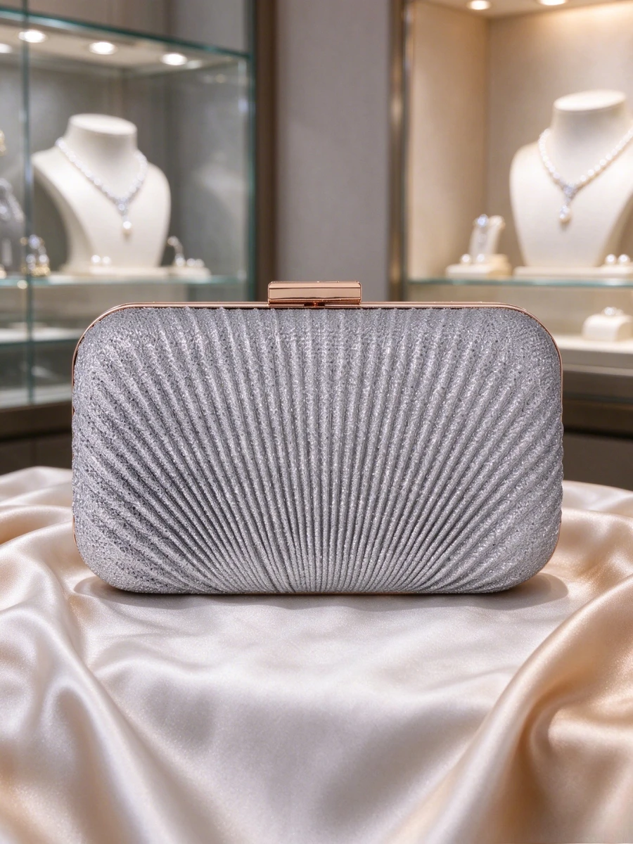 Women Silver Glitter Rectangular Hardcase Evening Handbag, Elegant Clutch Purse With Detachable Rhinestone Shoulder Strap Mature