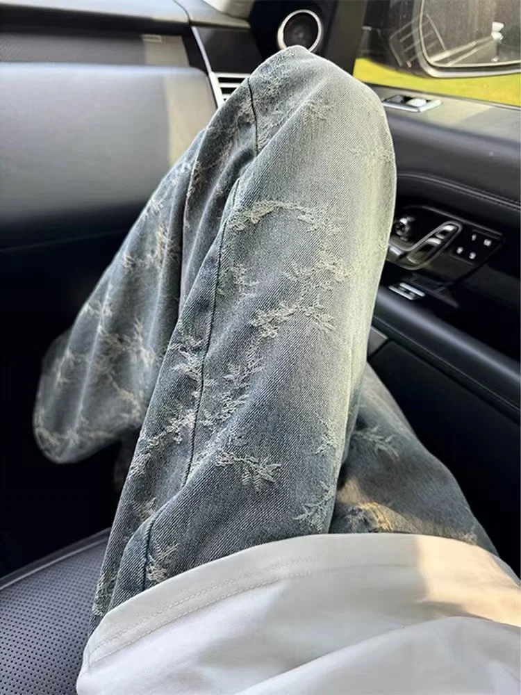 

American Retro Embroidered Jeans Men's Autumn New Design Casual Loose Straight Leg Long Pants Youth Trendy Water Waed