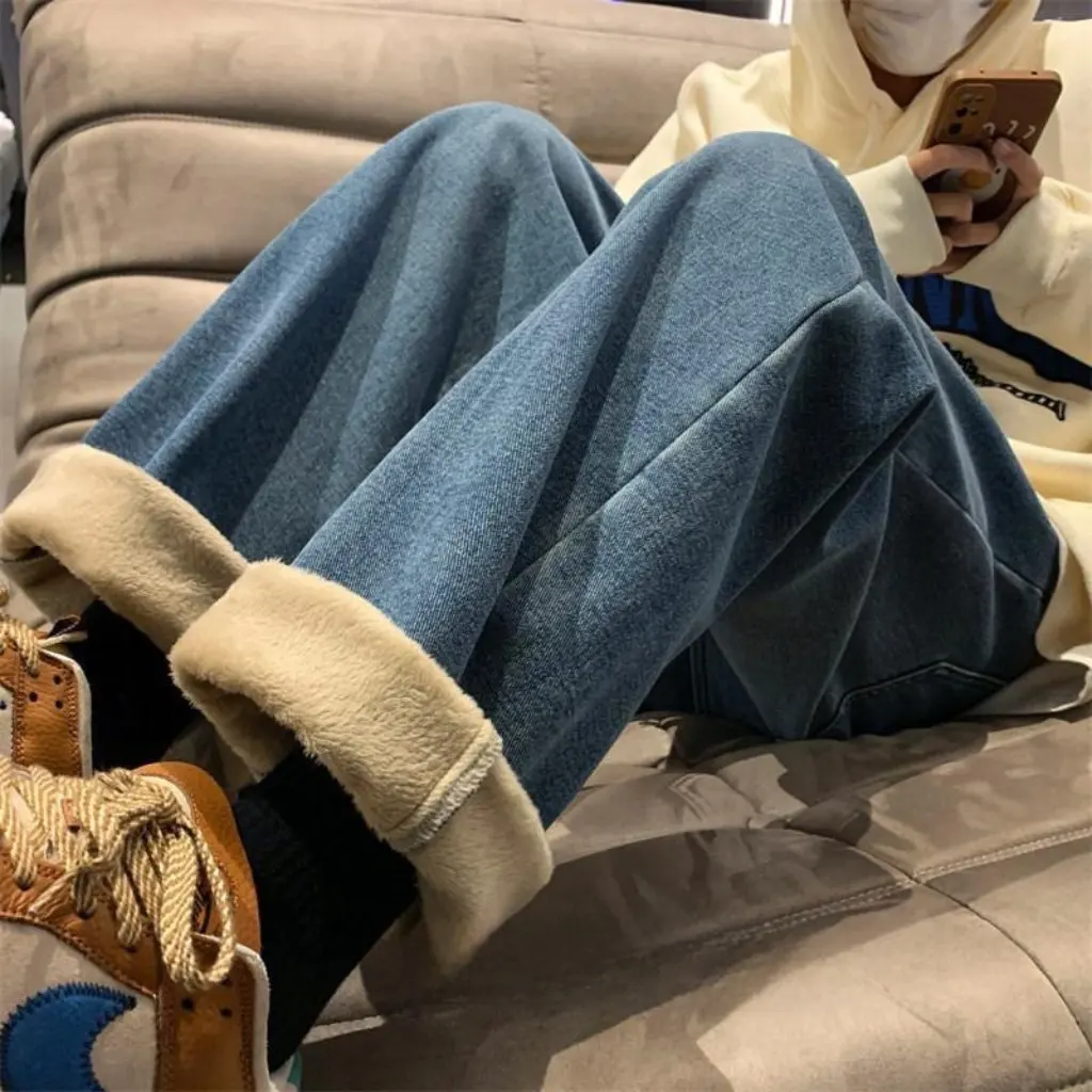 

Fleece-Lined Thickened Smoke Grey Jeans High Waist Straight Leg Slimming Pants for Women Winter Warm Outer Wear for Students