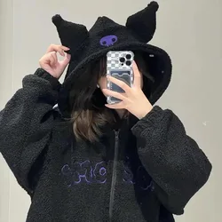 Sanrio Kuromi Anime Cartoon Sweater Jacket Kawaii Embroidery Black Hooded Zipper Lamb Fleece Autumn Winter Plus Loose Coat Gift