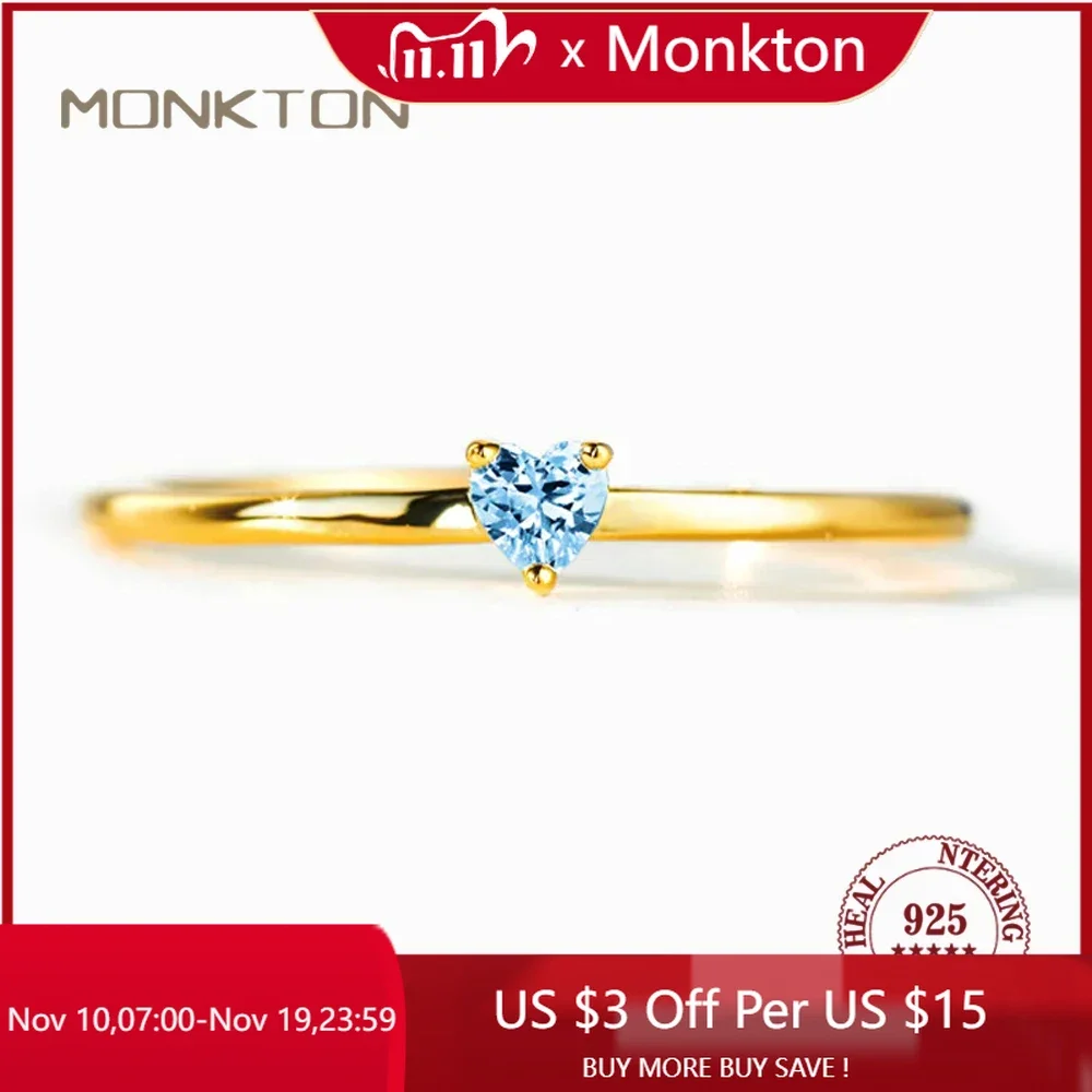 

Monkton 100% 925 Sterling Silver Heart Zirconia Wedding Rings for Women Girl Charm Blue Birthstone Stackable Finger Rings