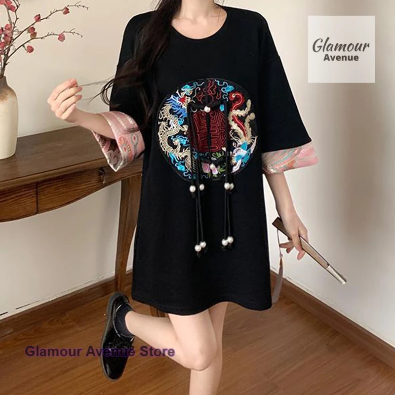 Chinese ethnic embroidery stitching printed short-sleeved dress women's summer new fashion loose casual Joker slim T-shirt.